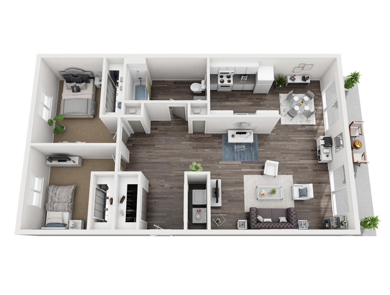Floor plan for 2 beds, 1 bath, 1000 sqft
